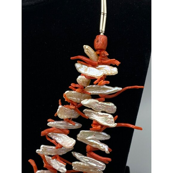 Orange Branch Coral Freshwater Pearl Necklace Double Strand Sterling Silver 32" - Picture 5 of 10